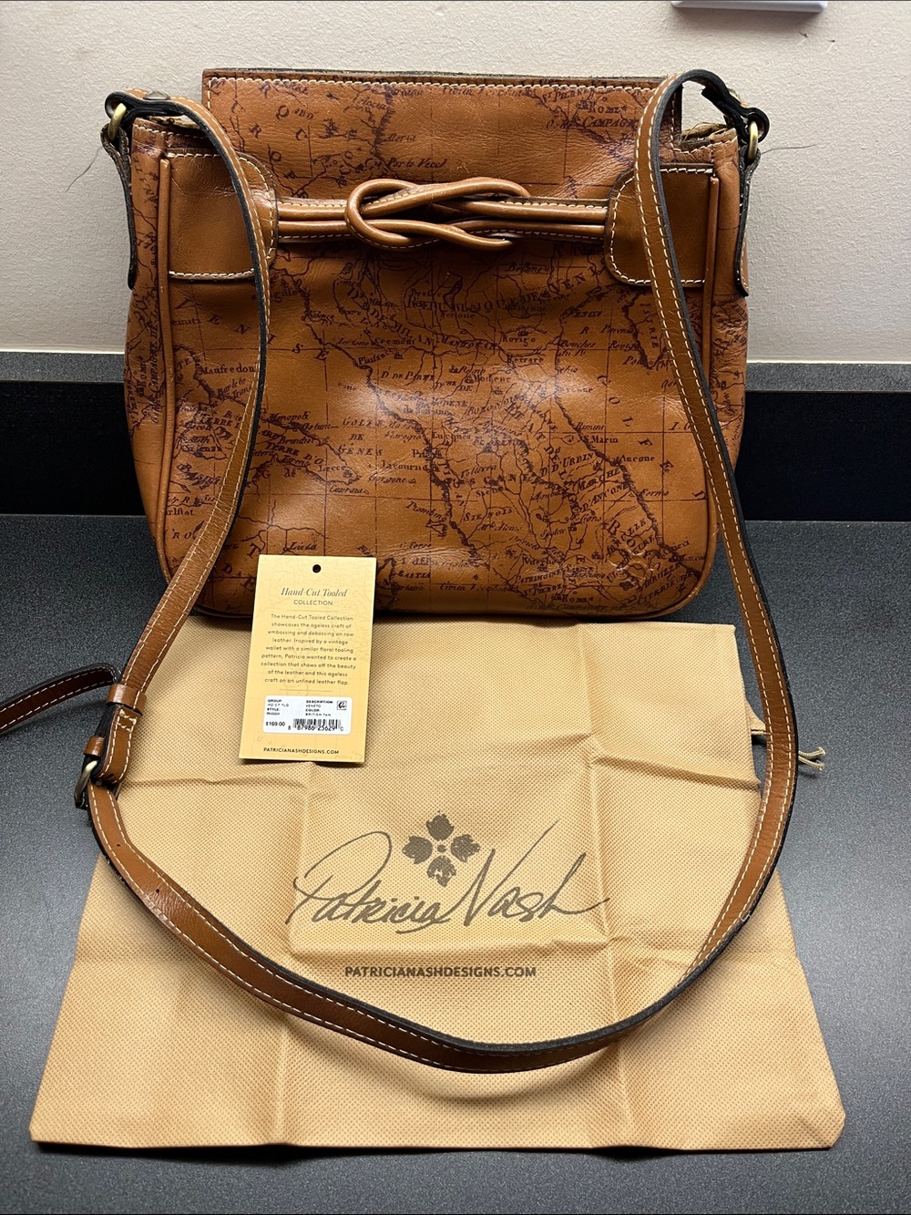 Patricia Nash Tan Map-Print Leather Crossbody Shoulder Bag